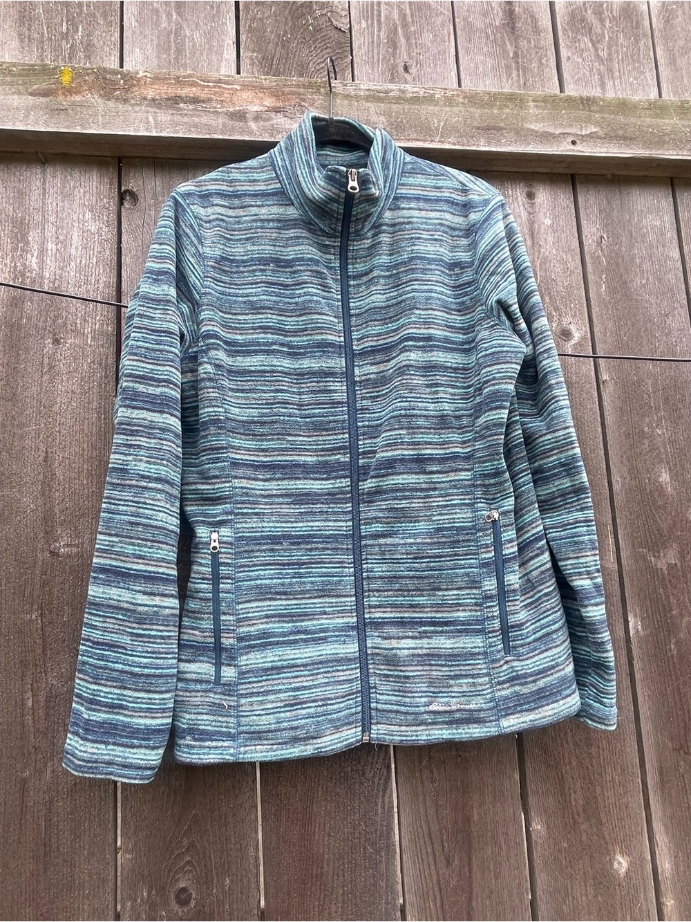 Eddie Bauer Teal and Navy Striped patterned Fleece Jacket
